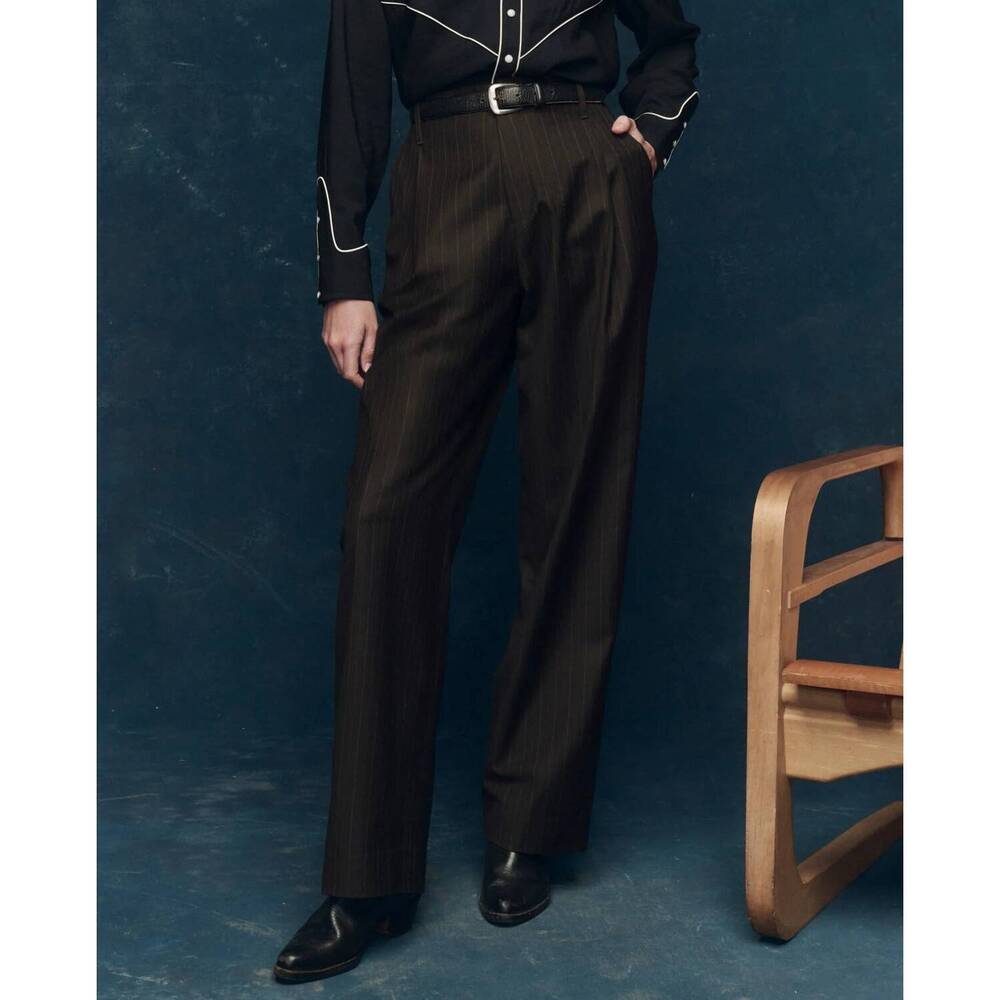 NEW THE GREAT. women's menswear trouser pants in chocolate stripe